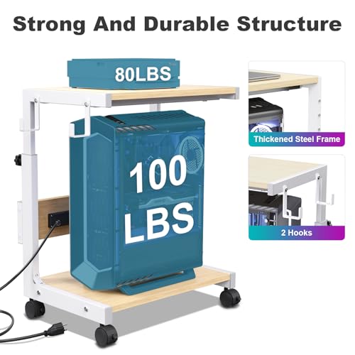 Computer Tower Stand with Charge Station and USB Charging Port - Height Adjustable PC Tower Stand, Under Desk CPU Holder Cart with Locking Caster Wheels for Fits Most PC
