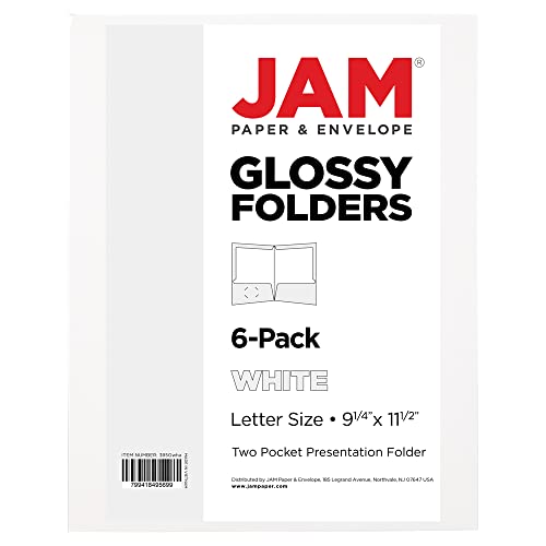 JAM PAPER Laminated Two Pocket Glossy School Folders - Letter Size - High Gloss White - Bulk 25/Pack