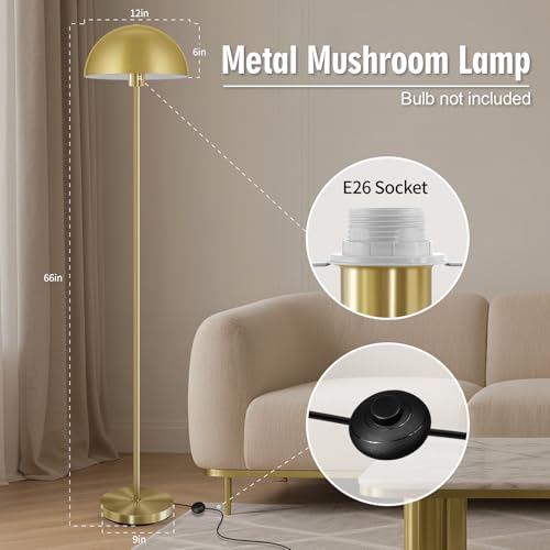 Modern Gold Floor Lamps for Living Room 66Inch, Tall Industrial Floor Lamp, Metal Standing Lamp with Mushroom Dome Shade, Mid Century Loft Corner Reading Lamp for Bedroom Office Nursery Room, NO BULB