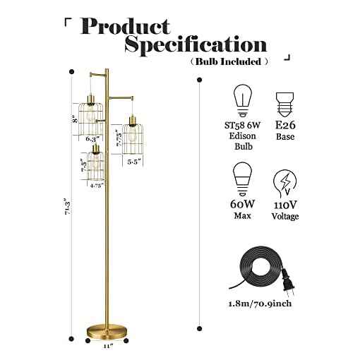 ELYONA Modern Dimmable Floor Lamp for Living Room, Gold Tree Standing Light with 3 Metal Cage Shades, Industrial 71¡± Tall Pole Floor Lamps for Bedroom Reading, Office, LED Edison Bulbs Included