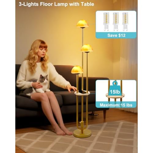 Lightdot Gold Dimmable Floor Lamp with Table, Modern Floor Lamps for Living Room, 3000K Warm Lights Tall Standing Lamp with Mushroom Shades & Bulbs for Bedroom/Office