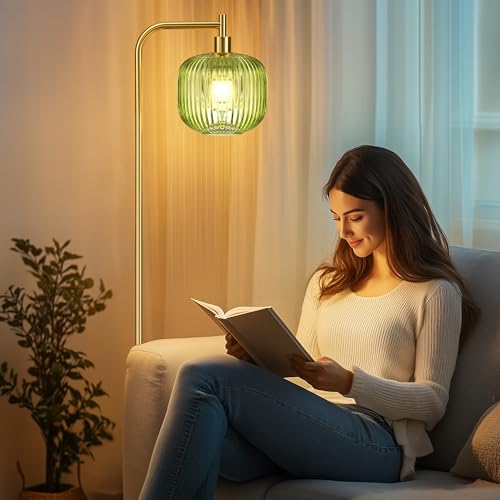 QiMH Glass Floor Lamp for Living Room, Modern Standing Lamp with Ribbed Glass Lampshade Pedal Switch, 67¡± Tall Lamp for Bedroom Study Room, Brushed Gold (2700K LED Bulb Included)