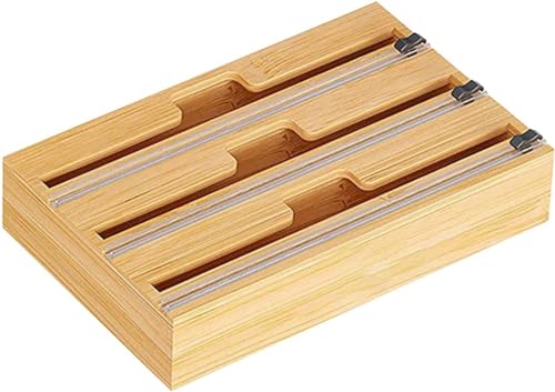 3-in-1 Plastic Wrap Dispenser with Cutter, Bamboo Kitchen Organizer