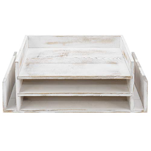 MyGift 3-Tier Desk Organizer & File Tray, Wood Letter Holder for Office, Farmhouse White Wood Desktop Document Organizer with Paper Storage