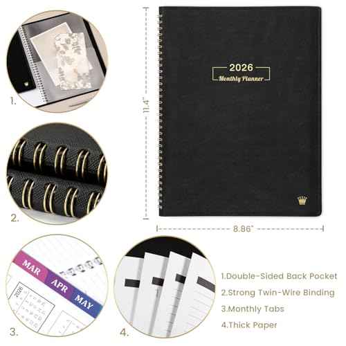 2026 Monthly Planner - 2026 Planner, 12 Monthly Planner/Calendar, Jan. 2026 - Dec. 2026, 8.86" x 11.4", Colorful Tabs, Faux Leather, Pocket, Note Pages, Twin-Wire Binding