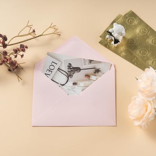 Toperd Pink 5x7 A7 Invitation Envelopes Pack of 50 with Gold Stickers, 5 1/4 x 7 1/4 Inches