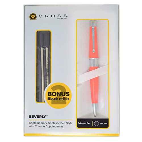 Cross Beverly Coral Orange, Ballpoint Pen + 2 Cross Ballpoint Refills, Black Ink