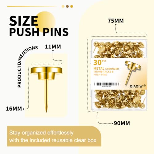 Gold 30PCS Metal Thumb Tacks for Wall - Heavy Duty Push Pins, Anti-Rust