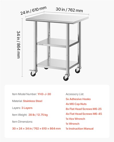 Stainless Steel Work Table 24x30 Inch with Shelves & Lockable Wheels for Commercial Kitchen