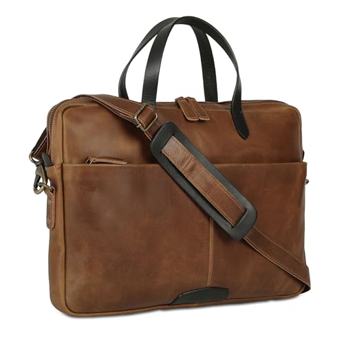 KomalC 15.5 Inch Leather Laptop Sleeve with Trolley Strap ? Slim Genuine Leather Bag for 13", 14", 14.5" Laptops ? Office Briefcase with Shoulder Strap & Organizer