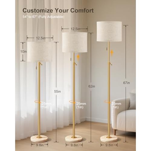 Modern Gold Floor Lamp for Living Room - Adjustable Height Standing Lamp with Marble Base & Linen Shade, 3-Way Dimmable Tall Floor Light for Bedroom, Reading, Bulb Included