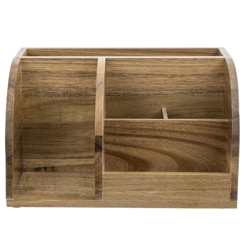 MyGift Premium Acacia Solid Wood Desk Organizer, Rustic Wooden Office Supplies Table Caddy with Mail Sorter, Sticky Note Holder, 2 Slot Pen Storage, and Accessories Tray