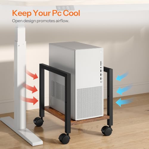 HOOBRO Rustic Brown + Black Computer Tower Stand Under Desk, Adjustable 6.7-10.8 in, Rolls on Casters