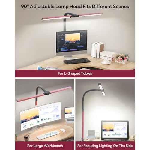 LED Desk Lamp for Home Office, Eye-Caring Desk Light with Clamp, Stepless Dimming 24W Double Head Architect Task Lamp with Remote Control, Flexible Gooseneck for Working Studying Reading Drafting£¨RED)