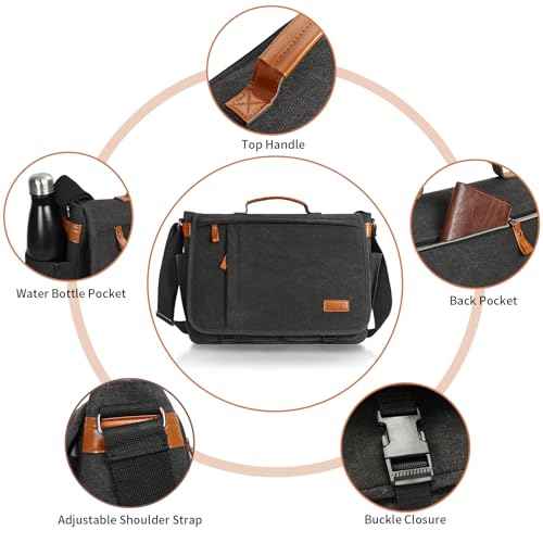 ESTARER Messenger Bag 17.3 Inch, Mens Computer Bag Water-resistant Canvas, Laptop Bag Satchel Briefcase for Teacher/College/Work/Travel, Dark Grey