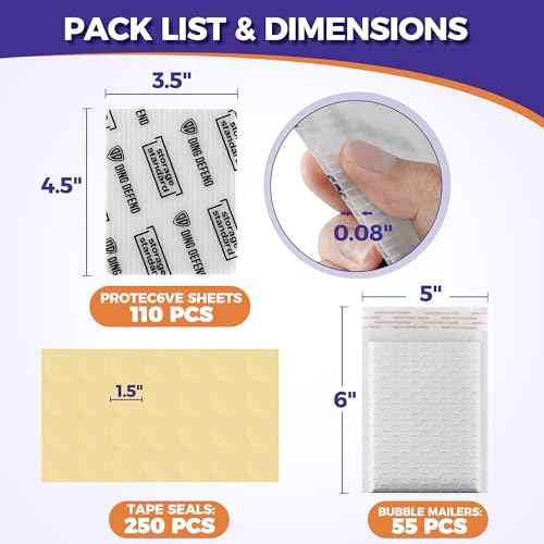 Ding Defend Card Shipping Protector Envelopes Bubble Mailer Kit with 110 Semi-Transparent Small Padded Envelopes/Protectors (3.5" x 4.5"), 55 Small Bubble Mailers, 250 Tape Seals for Collectible Cards