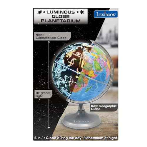 Lexibook Luminous Globe Planetarium, STEM, 2-in-1 Globe during the day, Constellation map at night, Blue/Black, NLJ185EN