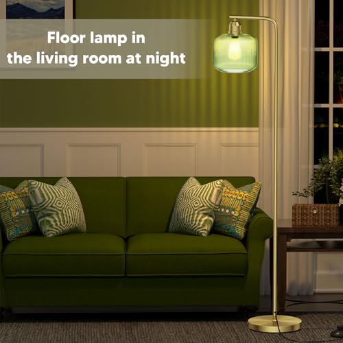Glass Floor Lamp for Living Room, Modern Standing Lamp with Green Ribbed Glass Lampshade and Pedal Switch, 66¡± Tall Lamp & Gold Floor Lamp for Bedroom Study Room,Brushed Gold(3000K LED Bulb Included)
