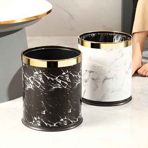 Luxury Metal Waste Bin with Leather Cover,Open Top Office Wastebasket,Double Layer Trash Can,Round Shaped (Black Marble w/ Gold Ring)