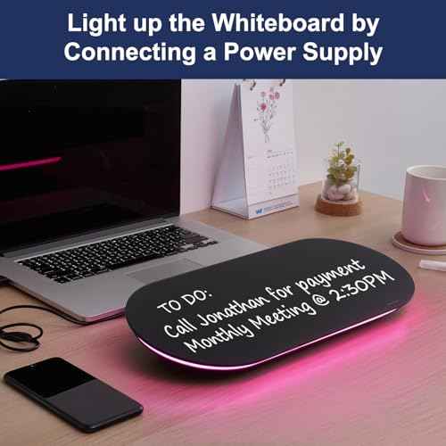 TSJ OFFICE Glass Desktop Whiteboard - 17 X 7 Inches Small Dry Erase Board with Pink Light, Black Glass White Board Surface Notepad with 1 Drawer, Desk Organizers for Office, Home, School Supplies
