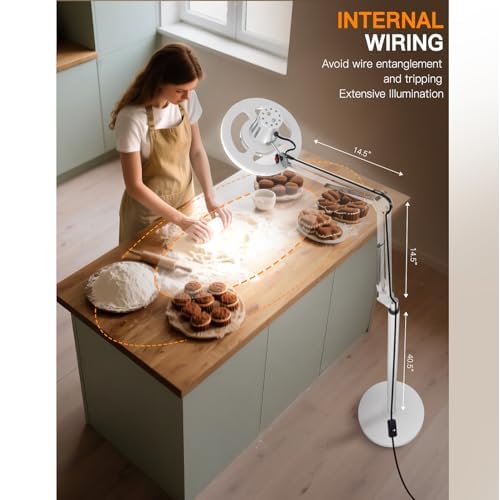 36W Floor Lamp with Flexible Arm, 3 Colors Ring Light with Heavy-Duty Base & Remote, Standing Lamp for Living Room/Workspace/Tattoo/Live Streaming/TikTok/YouTube/Photography