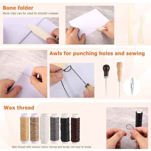 Yoption 53 Pcs Book Binding Kits, 11.61 x 7.68 Inches Wooden Book Press, Books Binding Materials with Bone Folder, Awl, Needles, Waxed Thread for DIY Bookbinding, BookRepair