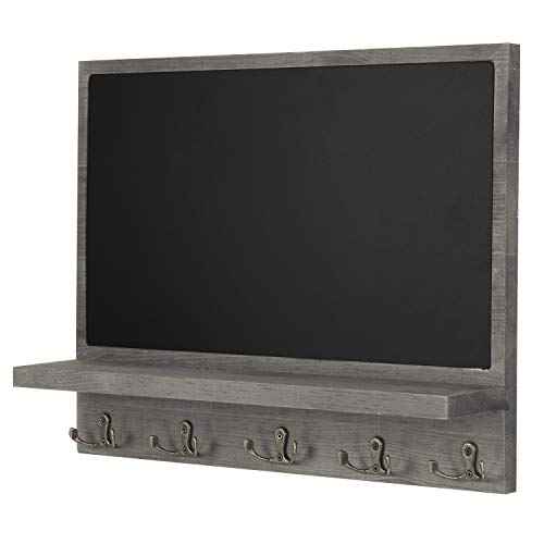 MyGift Wall Mounted Dark Gray Wood Framed Chalkboard Sign with Storage Display Shelf and 5 Dual-Prong Key Holder Hooks - Decorative Entryway Family Message Board