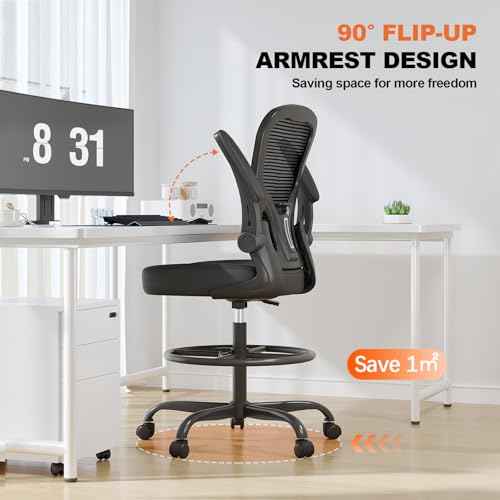 Ergonomic Drafting Chair, Tall Office Chair with Flip-up Armrests, Breathable Mesh High Desk Chair with Lumbar Support Adjustable Footrest Ring for Standing Desk Black