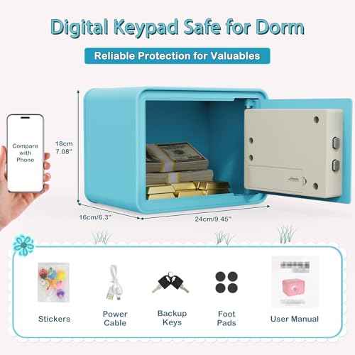 Kids Mini Safe Small Cash Box ? GoldenKey Blue Macaron 7¡±x9.4¡±x6.3¡± Money Security Safe with Coin & Bill Slot, Keypad & Key Lock, USB Backup, DIY Stickers, Piggy Bank for Home