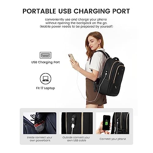 LOVEVOOK Laptop Backpack for Women, 17 Inch Black Business Travel Backpacks with USB Port, Water Resistant Work Teacher Computer Bag, Stylish Daypack