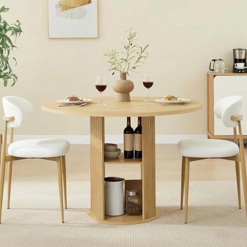 Hosnnile 3-Piece Round Dining Table Set with Storage Shelves – Natural