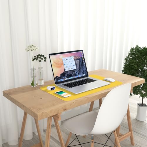 Yellow PU Leather Desk Mat 23.6 x 13.8 Inches Waterproof Non-Slip Office Pad