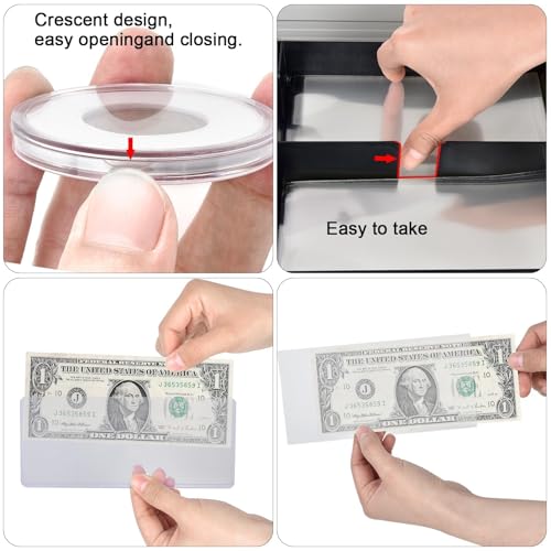 Coins Collector Case Holder Coin Capsules 46mm with 6 Sizes Foam Gasket (141 Pcs), Hard Paper Currency Sleeves (20 Pcs), Soft Dollar Bill Sleeves (200 Pcs) Storage Organizer Box (Black)