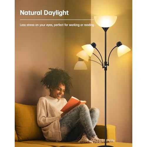 Floor Lamp, Torchiere Floor Lamps for Living Room, 71 Inch Tall Standing Lamp, Bedroom Lamps with Gooseneck Light, Rotary Switch, 3 Plastic Lampshade, Torch Floor lamps for Bedroom (Black, No Bulb)