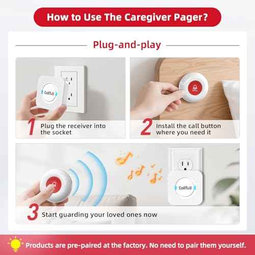 CallToU Elderly Monitoring Call Button Wireless Caregiver Pager Smart Senior System with Light Personal Buzzer Alarm 2 Portable Transmitters 1 Plugin Receiver