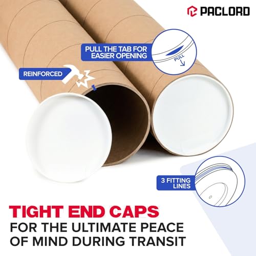 Paclord 5 x 36 Inch Reinforced Kraft Paper Mailing Tube - Pack of 1 with 2 Caps, Made in USA