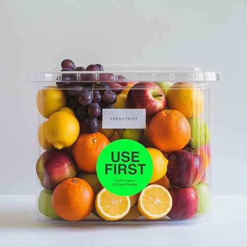 1.5 Inch USE First Stickers Food Service Inventory Control Labels Trilingual Product Labels Fluorescence Green - 500 Stickers Per Roll (10 Rolls)