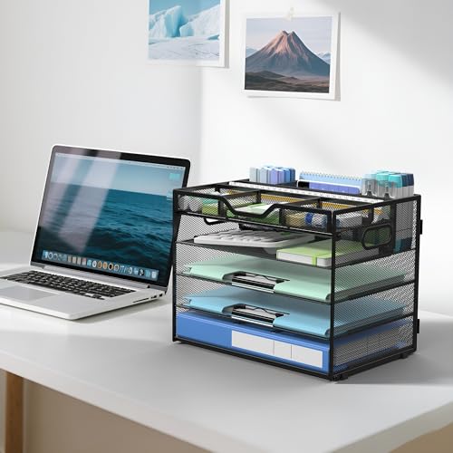 Docnest 5 Tier Mesh Desk Organizer- Letter Tray with Adjustable Compartments, Mesh Desktop Storage Built in Pen Holder and Handles, Desk Organizer Tray for Mail Documents Office Supplies-Black