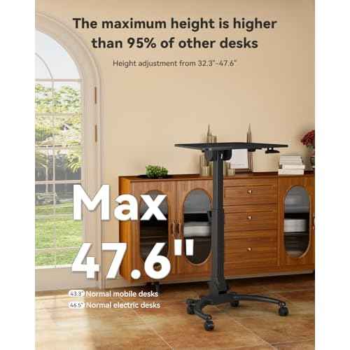 JOY worker Foldable Mobile Standing Desk, Upgraded Height Adjustable Rolling Desk, Max Height 47.6", 90¡Æ Tiltable Board & Base, Portable Workstation with Moveable Wheels, Holds Up to 22lbs, Black
