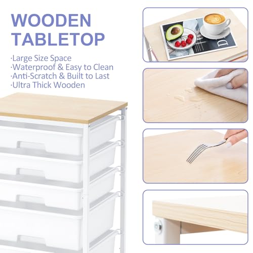 Utility Cart with 5 Drawers,Storage Drawer Cart with Wooden Tabletop and Lockable Wheels,Craft Storage Trolley Cart,5-Tier Rolling Utility Cart on Wheels,Bright White