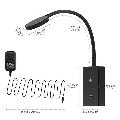 Touch Dimmable LED Wall Mounted Bedside Reading Light, Black Flexible LED Wall Reading Lamp for Nightstand in Bedroom, 120¡Æ Wide Angle Neutral White Lighting, with 5V2A USB Output Port