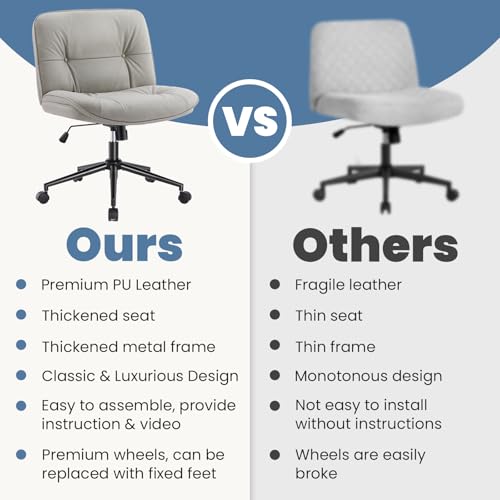 OLIXIS Criss Cross Chair with Wheels, Legged Home Office PU Leather Wide Armless Desk Seat, Rolling Adjustable Swivel Ergonomic Comfy Vanity Seating