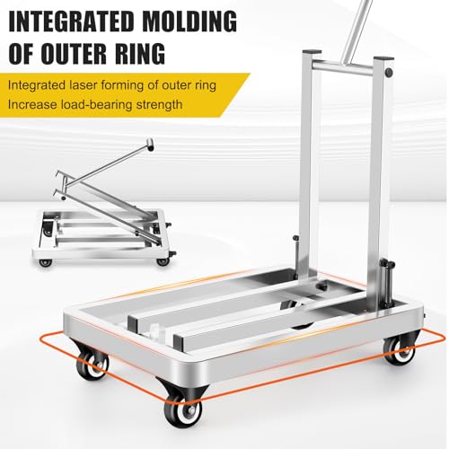 Folding Stainless Steel Hand Truck, Adjustable Handle Utility Cart with 4 Wheels & 2 Lashing Straps for Moving, Travel, Shopping, Office Use, Gardening,500 LB Heavy Duty Luggage Cart