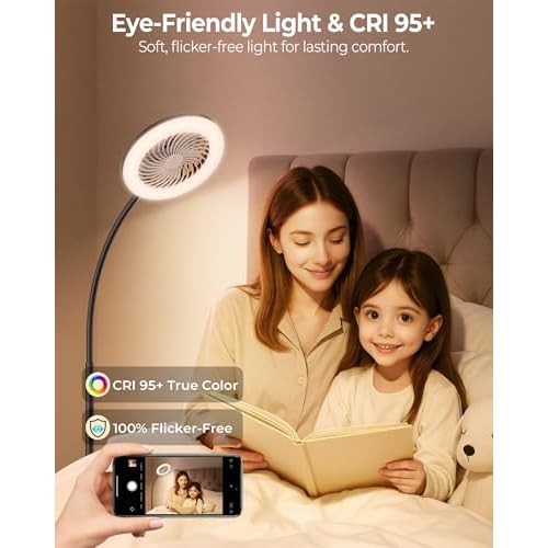 Floor Lamp with Fan Light with RGB, 1800LM LED Standing Lamp with Fan Remote & Push Button Control, Dimmable Tall lamp with fan, Adjustable Gooseneck Reading Stand up Lamp Pedestal Fan Light Combo