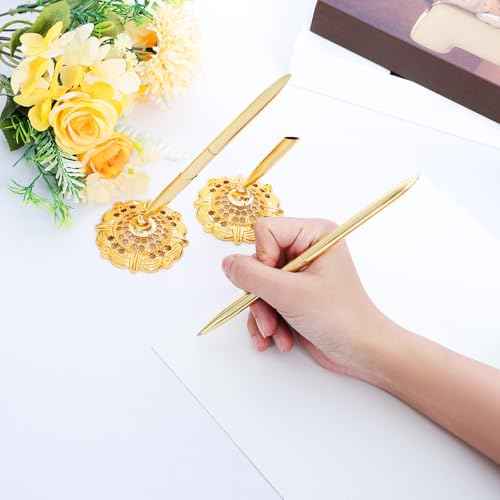 2 Pcs Gold Hollow Round Pen Holder Metal Pen Stand Holder Set Signing Pen Set Signing Desk Ballpoint Pens for Guest Book Wedding Birthday Party Graduation Teacher Office Business