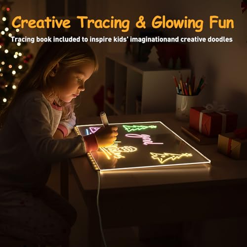 LED Glass Drawing Board for Kids, 11.8"x7.9" Glowing Glass Message Board, Includes Led Note Board, 12 Markers, Stand, Spray Bottle, Adapter, Perfect for Art & Notes, Great Gift for Kids