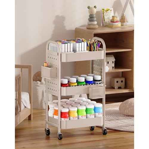 ALVOROG 3 Tier Rolling Cart with DIY Pegboards Metal Utility Cart with Wheels Handles Baskets Hooks, Craft Cart for Office Kitchen Bathroom(Khaki)