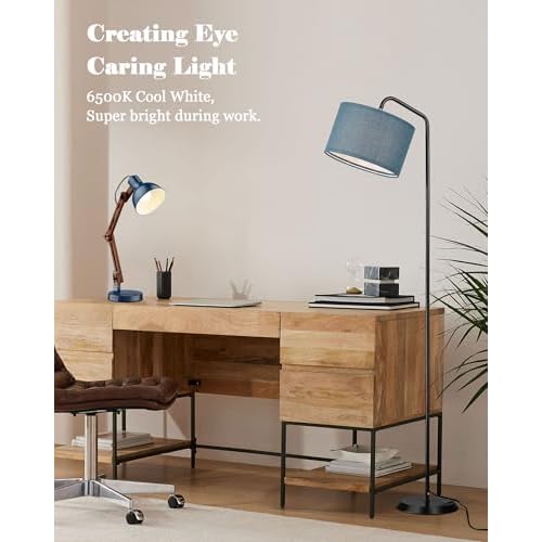 ELYONA LED Floor Lamp with 3 Color Temperatures, Modern Reading Standing lamp with Blue Linen Adjustable Hanging lampshade, Tall Pole Metal Lamp with 9W Bulb for Bedroom, Living Room, Office