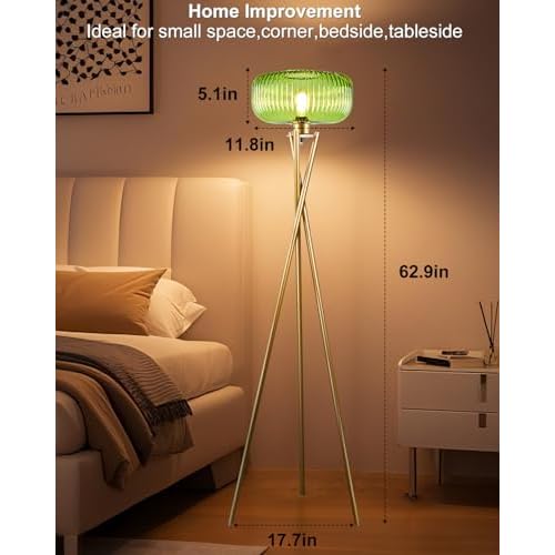 Lightdot Glass Tripod Floor Lamp for Living Room, Modern Gold Standing Lamp with Green Ribbed Glass Lampshade, Arc Tall Lamp for Bedroom Office Reading Room, (LED Bulb Included)
