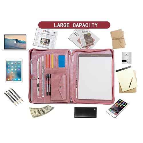 AZXCG Portfolio Binder, Pink Portfolio with Handle and Zipper,Leather Padfolio for Women,Professional Business Portfolio Organizer,A4 Notepad Holder, Gift for Girls and Women